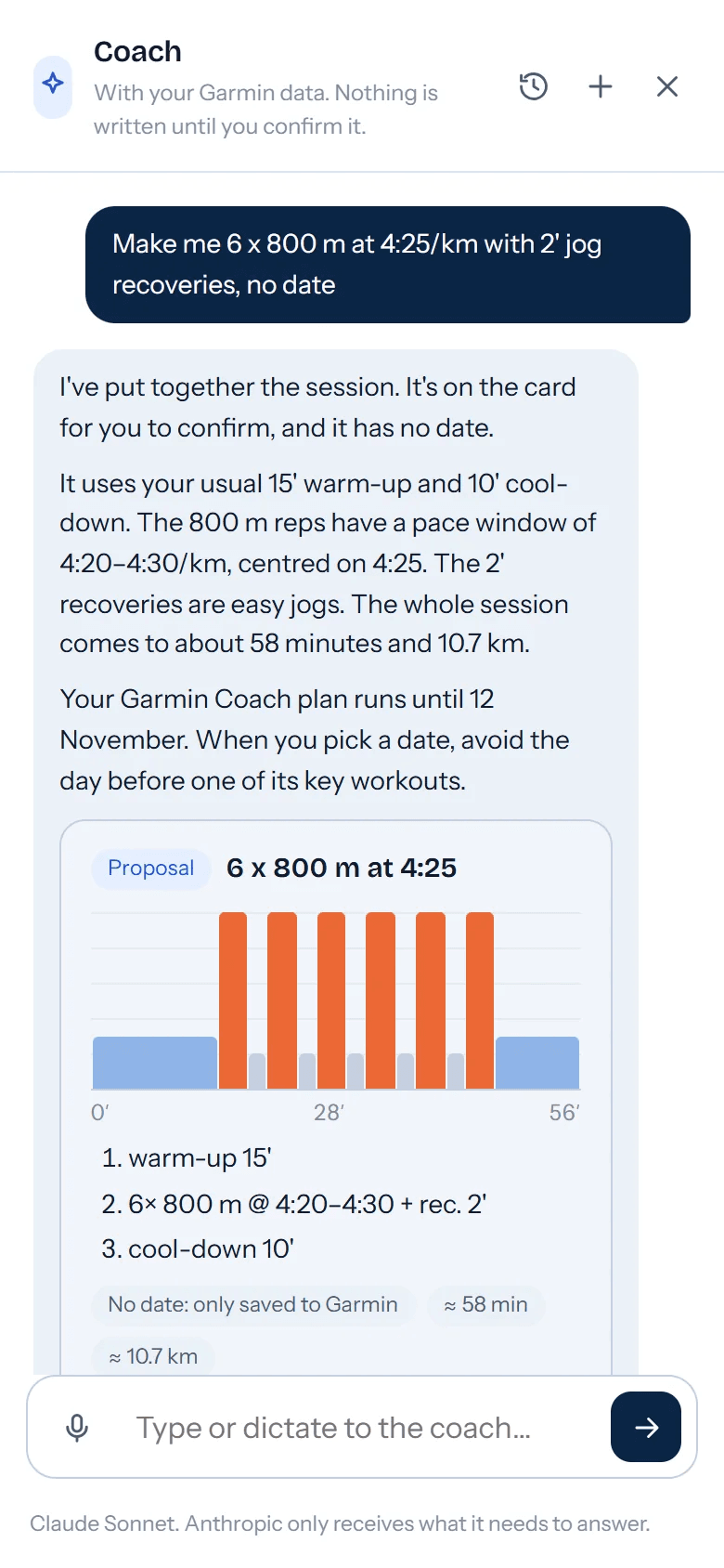 Coach: The chat fills the screen: the proposed workout with its profile and steps, ready to confirm.